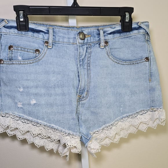 Free People Pants - Free People Blue Jean Shorts with Lace Trim Ladies‎ Sz W27